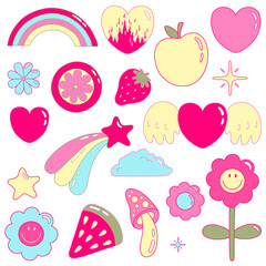 Vector illustration set from y2k vibe. Nostalgia for the 2000 years. Heart, star, mushroom, apple, strawberry, watermelon, flowers, rainbow, cloud