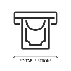 Money withdrawal pixel perfect linear icon. Removing funds from ATM. Bank balance. Regular transaction. Thin line illustration. Contour symbol. Vector outline drawing. Editable stroke. Arial font used