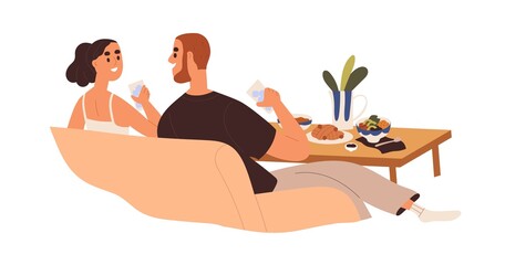 Obraz premium Love couple relaxing on sofa, eating food, talking. Happy man and woman on romantic date at home. People enjoying meal together, chatting. Flat vector illustration isolated on white background