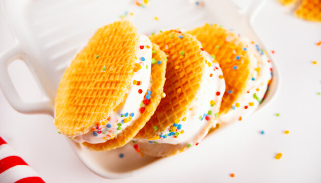 Homemade fresh vanilla strawberries ice cream sandwiches with waffles and waffle cones. Summer delicious tasty dessert.