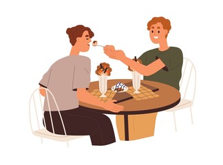 Love couple eating in cafe. Young man feeding woman with dessert from spoon on date. Happy people relax together with sweet food at table. Flat graphic vector illustration isolated on white background