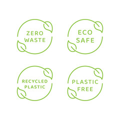 Eco safe, zero waste and recycled material. Vector label set, plastic free, eco friendly with leaf cycle.