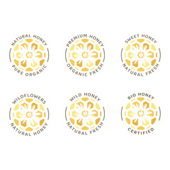 Colorful honey vector label with honeycomb. Bio, organic, natural honey and bee symbol.