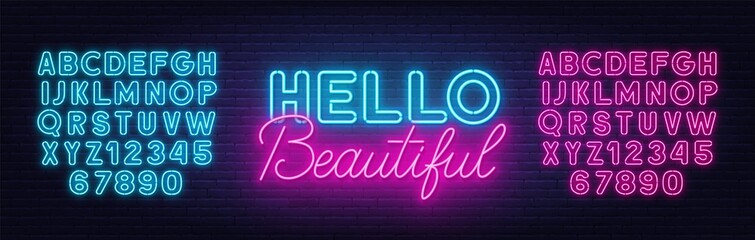Hello Beautiful neon lettering on brick wall background.