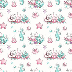 Watercolor pattern with algae on a white background.