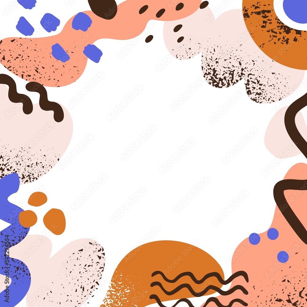 Leinwandbilder Abstract square card background with minimal doodle shapes, creative random elements frame. Social media post design with trendy brush strokes, lines, curves, fluid forms. Flat vector illustration