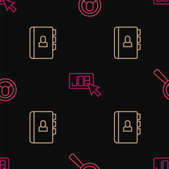 Set line Magnifying glass for search job, Resume and Search on seamless pattern. Vector