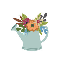 Flowers in a watering can. A bouquet of flowers in a teapot. Flat illustration.