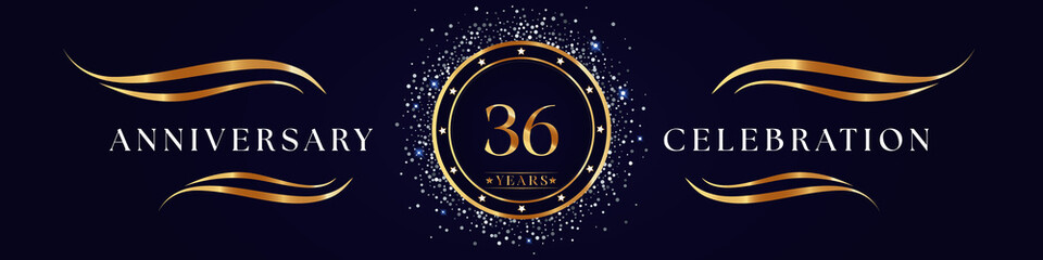 36 Years Anniversary Logo Golden Colored isolated on purple blue background. Poster Design for anniversary event party, wedding, birthday party, ceremony, greetings and invitation card.