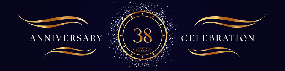 38 Years Anniversary Logo Golden Colored isolated on purple blue background. Poster Design for anniversary event party, wedding, birthday party, ceremony, greetings and invitation card.