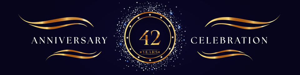 42 Years Anniversary Logo Golden Colored isolated on purple blue background. Poster Design for anniversary event party, wedding, birthday party, ceremony, greetings and invitation card.