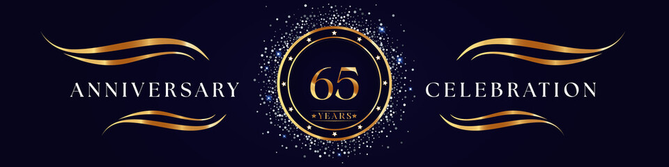 65 Years Anniversary Logo Golden Colored isolated on purple blue background. Poster Design for anniversary event party, wedding, birthday party, ceremony, greetings and invitation card.