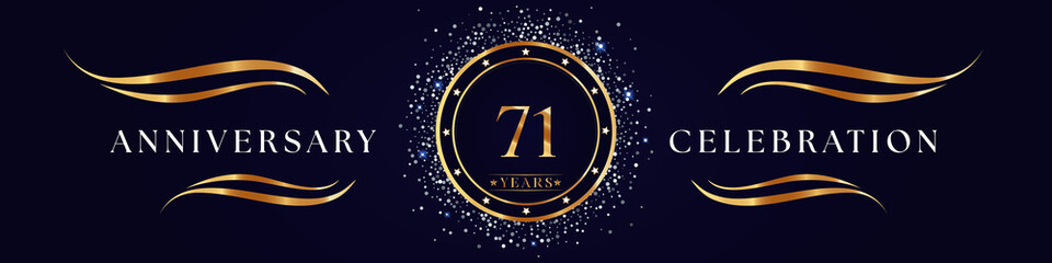 71 Years Anniversary Logo Golden Colored isolated on purple blue background. Poster Design for anniversary event party, wedding, birthday party, ceremony, greetings and invitation card.