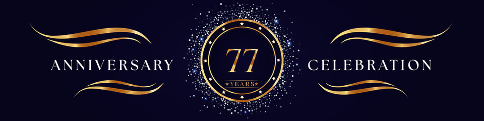 77 Years Anniversary Logo Golden Colored isolated on purple blue background. Poster Design for anniversary event party, wedding, birthday party, ceremony, greetings and invitation card.