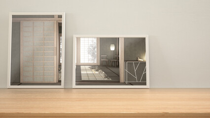 Minimalist mirrors on wooden table, desk or shelf reflecting interior design scene. Japanese interior with bamboo mats and paper doors. Zen background with copy space