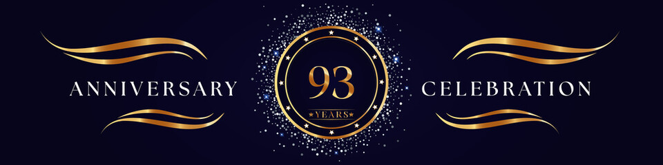 93 Years Anniversary Logo Golden Colored isolated on purple blue background. Poster Design for anniversary event party, wedding, birthday party, ceremony, greetings and invitation card.