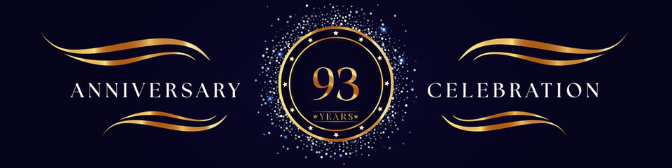 Fototapeta premium 93 Years Anniversary Logo Golden Colored isolated on purple blue background. Poster Design for anniversary event party, wedding, birthday party, ceremony, greetings and invitation card.
