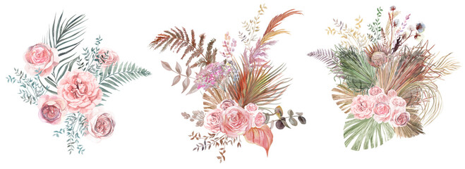 Set of watercolor bouquets with pink rose flowers herbarium of dry palm leaves