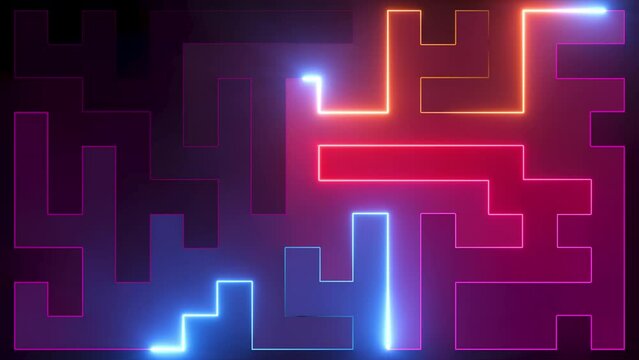 cycled 3d animation. Abstract neon background with geometric shapes drawn by laser lines