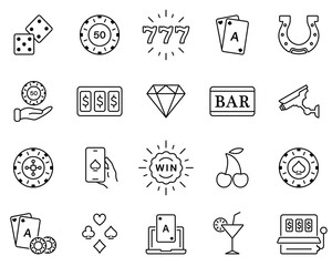 Casino Poker Betting Chip Outline Sign. Play Gambling Card Pictogram. Poker Casino Gamble Game Black Line Icon. Bet Lottery Jackpot 777 in Vegas Flat Symbol. Isolated Vector Illustration