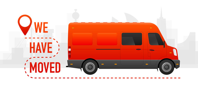 We Have Moved. Realistic Bus Mockup. Red Cargo Van For Delivery. Vector Illustration.