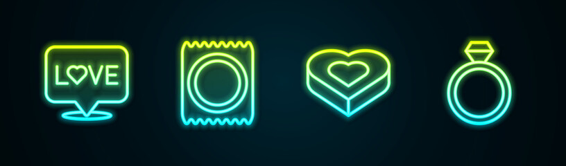 Set line Love text, Condom in package, Candy heart shaped box and Wedding rings. Glowing neon icon. Vector