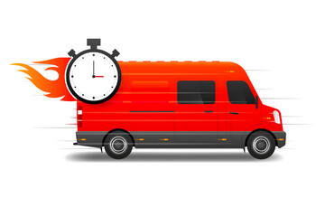 Express Delivery Service concept. Timer clock. Red cargo van for delivery. Vector illustration.