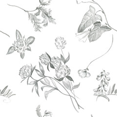 Seamless pattern with pencil sketches of wildflowers