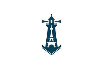 eiffel lighthouse mercury tower logo design template with down arrow like a anchor shape. 