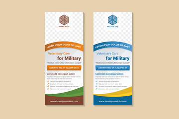 veterinary care for military banner template design. Pet Care roll up banner. Best care for your pet poster, cover. space for photo in hexagon and text. two color selected are blue and brown element.