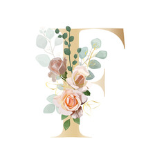 Floral Alphabet. Letter with a botanical bouquet. Vector illustration.