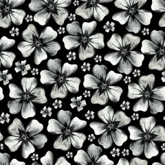 Seamless Pattern with Hand-Drawn Flower. Black Background with Thin-leaved Marigolds for Print, Design, Holiday, Wedding and Birthday Card.