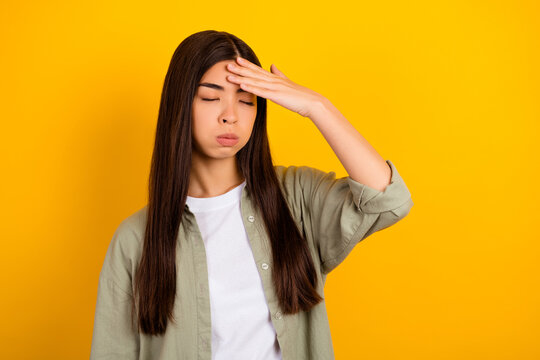 Photo of stressed young business lady office worker feel tired after hard day isolated on yellow color background
