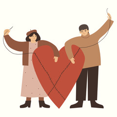 Man and woman mending a broken heart together. Vector hand drawn illustration in flat cartoon style.