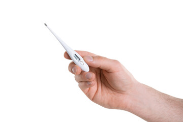 A close up image of man's hand holding a thermometer with high temperature. fever