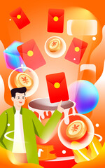 People financial management with red envelopes and gold coins in the background, vector illustration