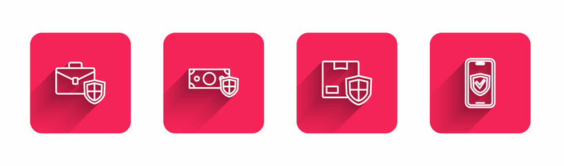Fototapeta premium Set line Briefcase with shield, Money, Delivery security and Insurance online with long shadow. Red square button. Vector