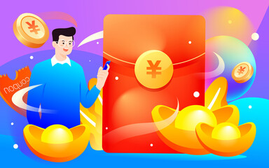 People financial management with red envelopes and gold coins in the background, vector illustration