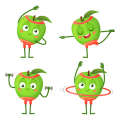 Cartoon apple character do fitness and sport