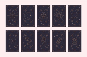 Tarot cards deck set. Esoteric elements collection on white. Magic icons minimalistic symbols. Hand drawn linear vector illustration