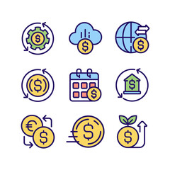 Financial operations pixel perfect RGB color icons set. Money management. International transfers. Isolated vector illustrations. Simple filled line drawings collection. Editable stroke