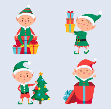 Christmas elf character with tree and gift box