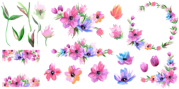 Watercolor hand painted floral set. Pink and blue flowers. High quality illustration