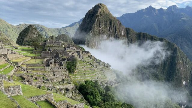Picture card view of old ancient inca indian town Machu Picchu, amateur photography mobile phone, travel concept