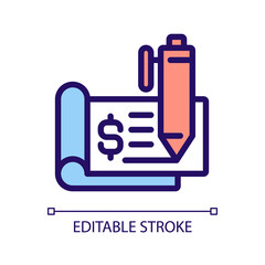 Chequebook pixel perfect RGB color icon. Cheque leaf. Financial document. Negotiable instrument. Isolated vector illustration. Simple filled line drawing. Editable stroke. Arial font used