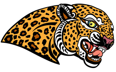 Head of a roaring leopard. Aggressive spotted panther jaguar. Tattoo, emblem, logo, mascot. Side view isolated vector illustration