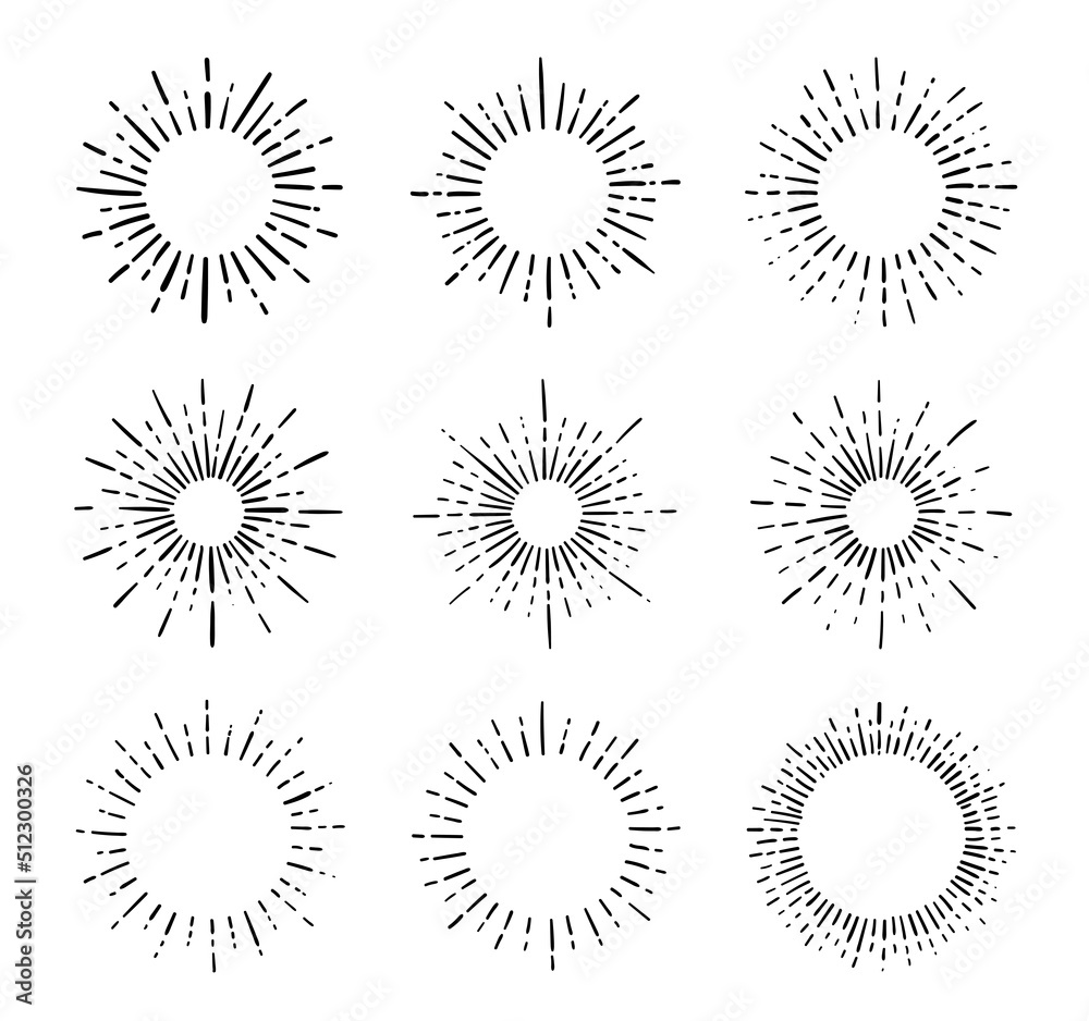 Wall mural sunburst, explosion effects, vintage doodle isolated on white background