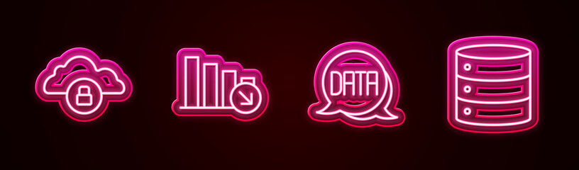 Set line Cloud computing lock, Financial growth decrease, Data analysis and Server. Glowing neon icon. Vector