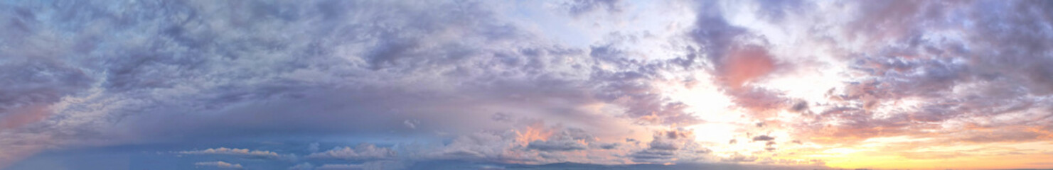 Beautiful panoramic sunset sky and clouds, Twilight cloudscape, Air clouds in the blue sky...