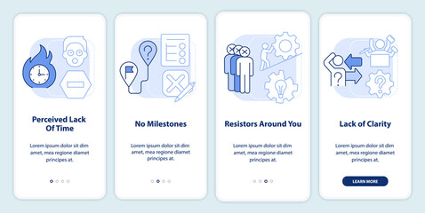 Fototapeta premium Barriers to change management light blue onboarding mobile app screen. Walkthrough 4 steps editable graphic instructions with linear concepts. UI, UX, GUI template. Myriad Pro-Bold, Regular fonts used